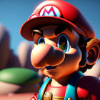 Iconic Mario 3D Render with Red Cap and Mustache in Mushroom Landscape