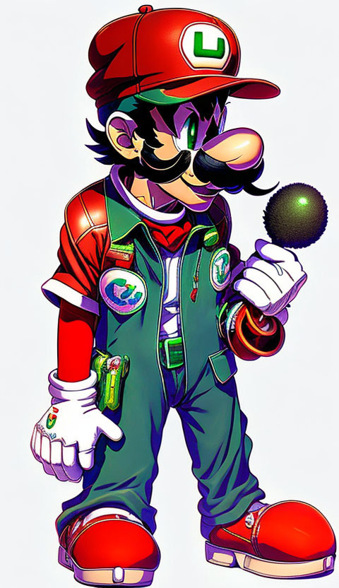 Green and blue outfit Luigi holding a black object