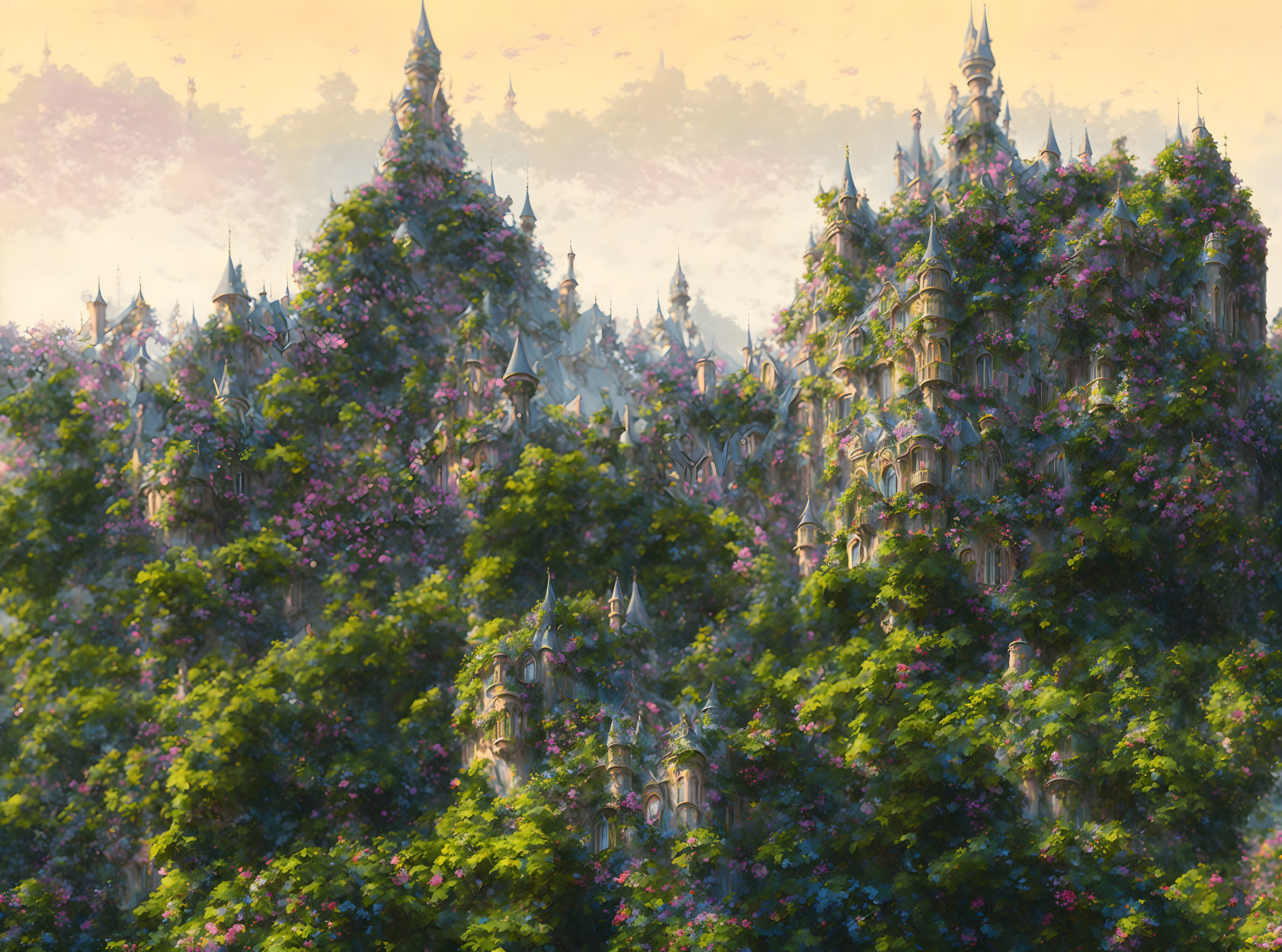 Overgrown castle with pink and purple flowers in misty landscape