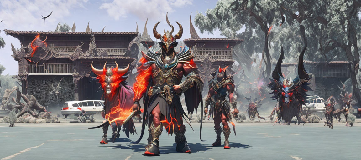 Fiery demonic creatures in ornate armor with modern car in courtyard