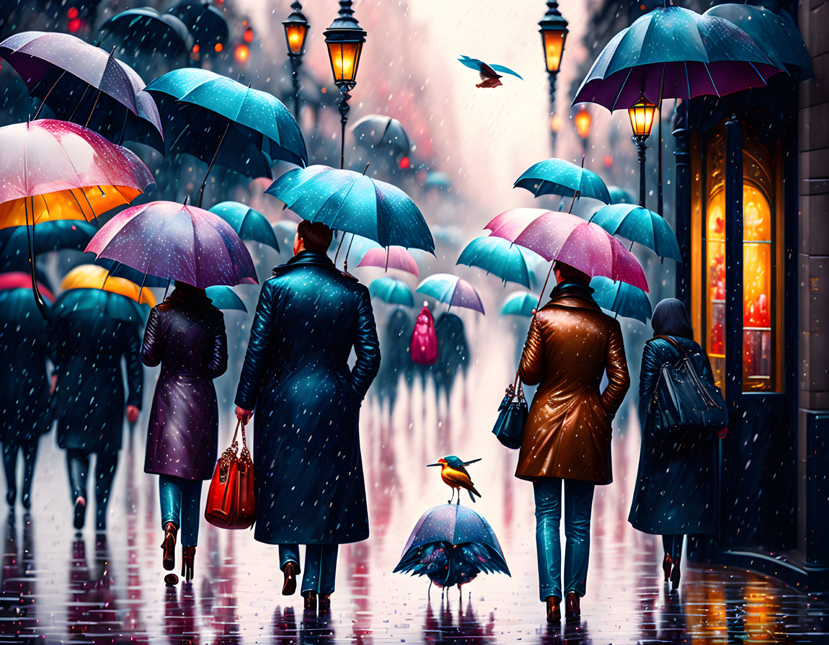 Colorful umbrellas in rain on twilight street with bird and glowing lamps