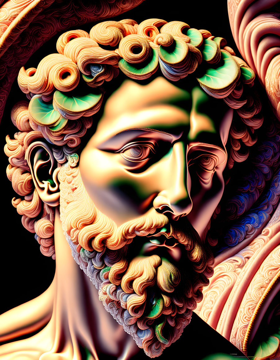 Vibrant digital artwork: classical bust with curly hair, beard, orange and purple hues.