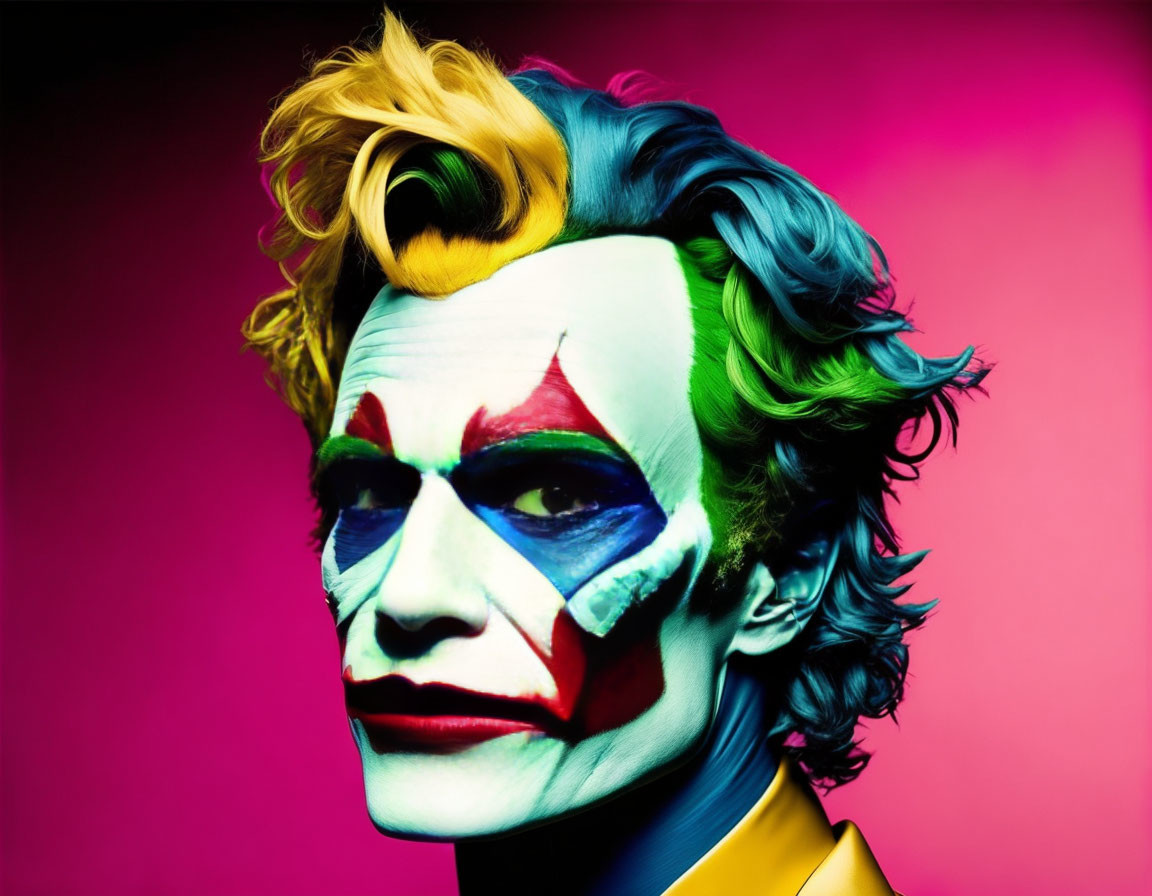Vibrant Joker-inspired portrait with colorful makeup and hair on bright background