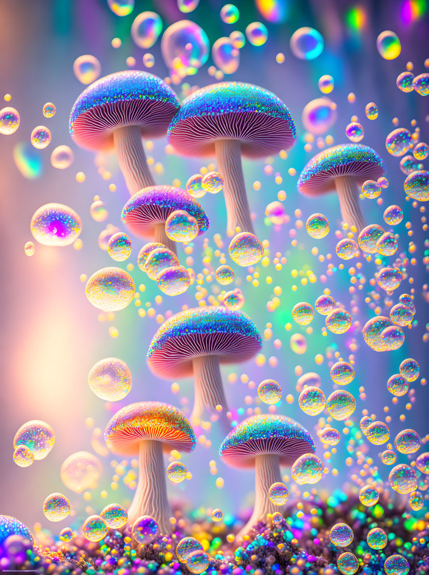 Colorful mushrooms with glistening caps and iridescent bubbles on soft background