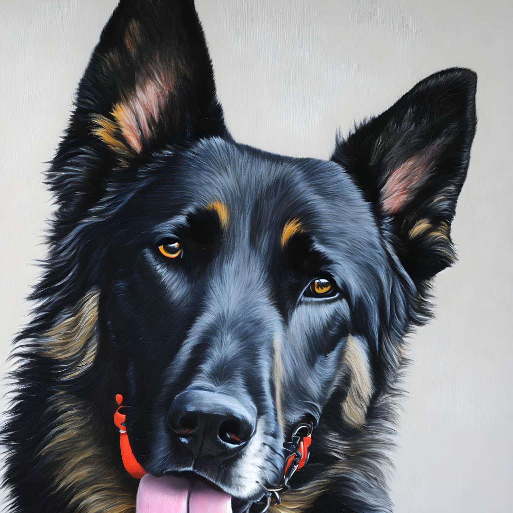 German Shepherd Dog with Black and Tan Fur and Red Collar Portrait