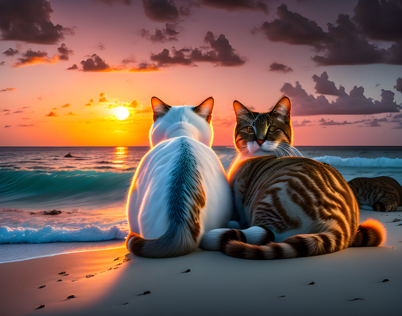 Two Cats Enjoying Sunset on Beach with Vibrant Sky and Calm Waves