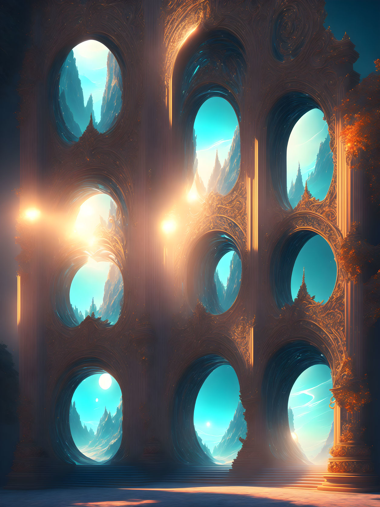 Ornate glowing arches reveal mystical landscapes in golden light