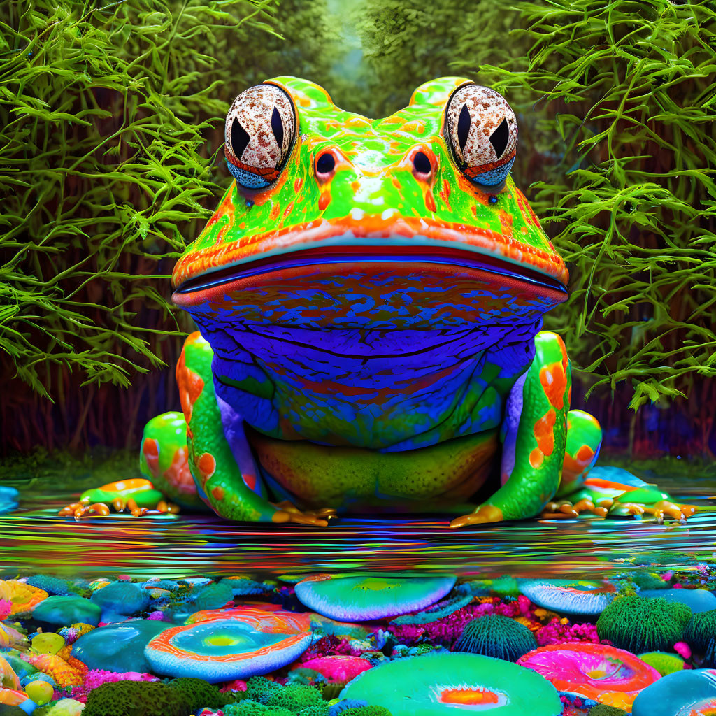 Vibrant stylized digital artwork: Colorful frog on pebbles