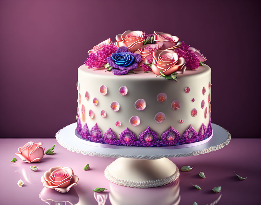 Elegant Floral Decorated Cake with Purple and Pink Details