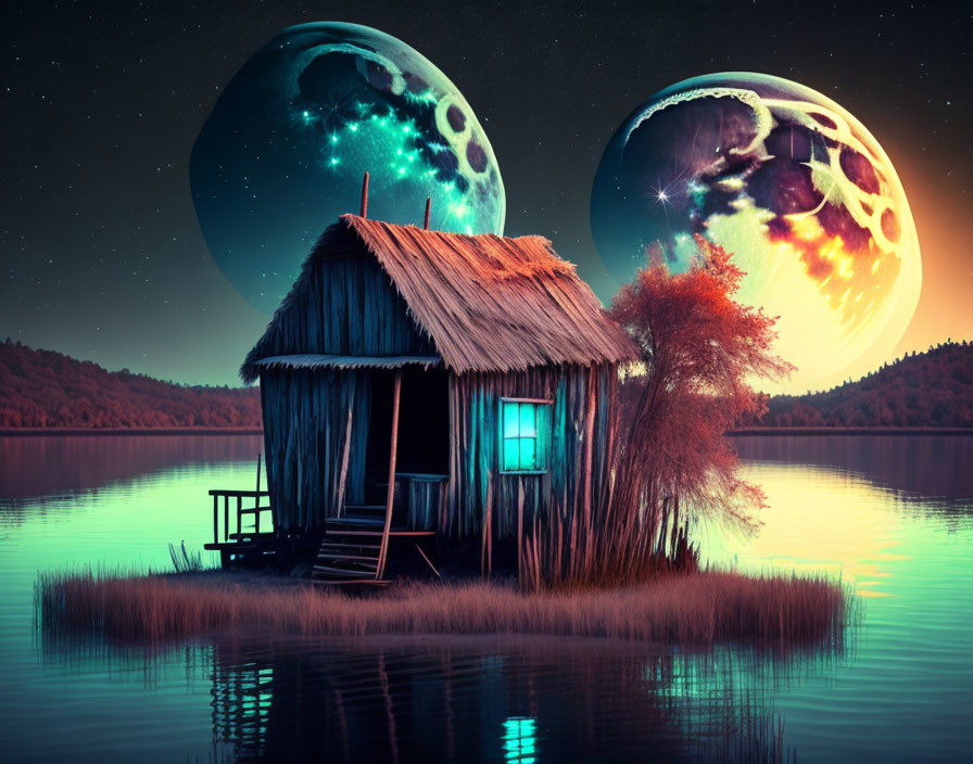 Surreal landscape with wooden hut on calm lake under two moons