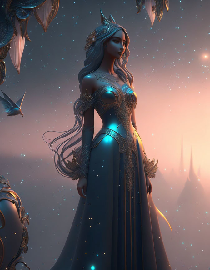 Elegant elf princess in silver hair and blue gown in twilight realm