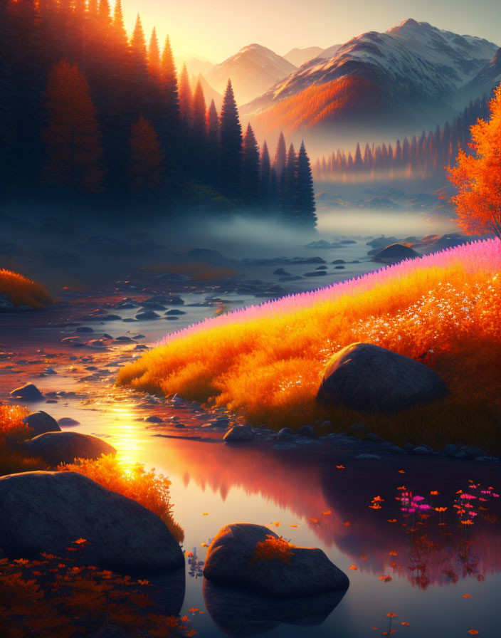 Golden-hued forest, tranquil river, mist-shrouded mountains at sunset