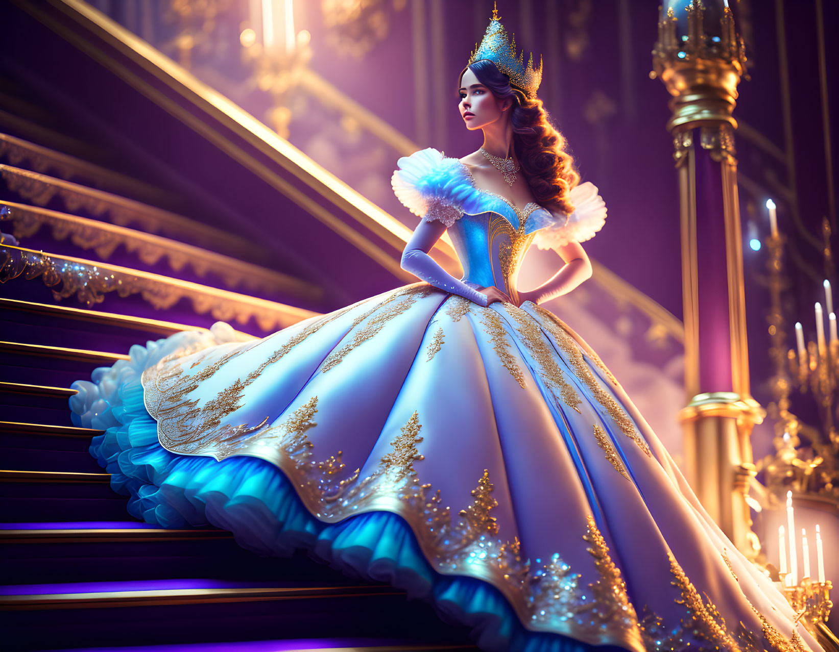 Regal woman in blue and gold gown on grand staircase with candelabras