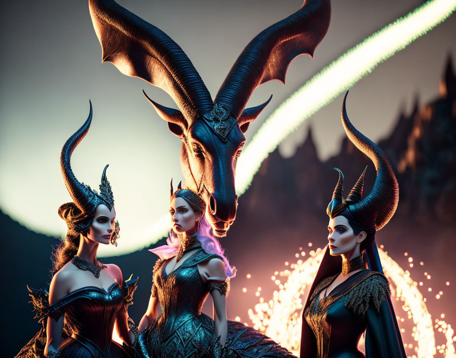 Three women in dark fantasy costumes with horns against a dramatic backdrop.