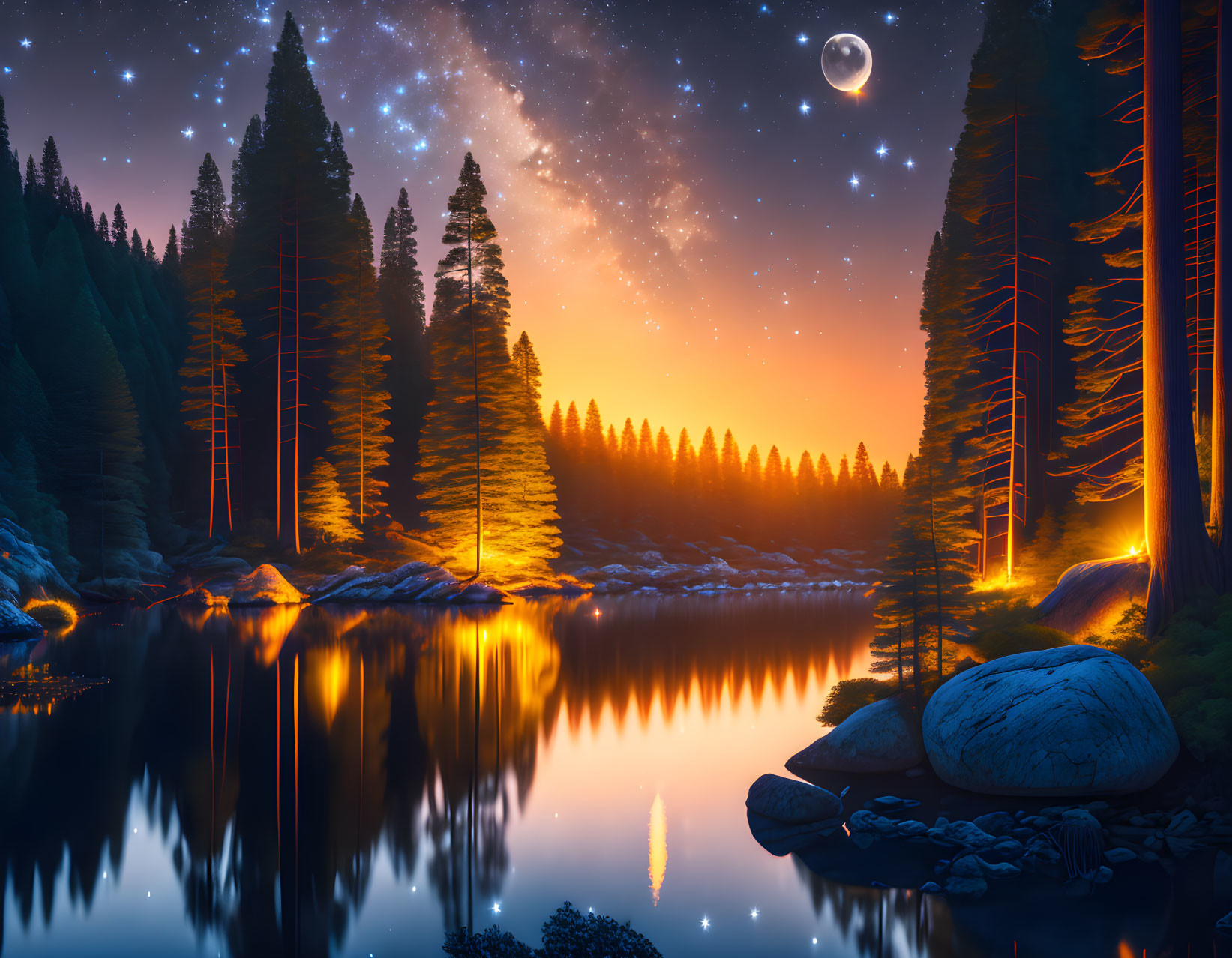 Starry sky and crescent moon over forest reflected in calm lake