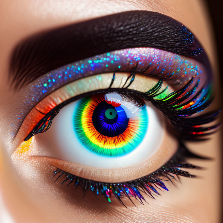 Eye with Rainbow-Colored Makeup and Glittery Eyelids