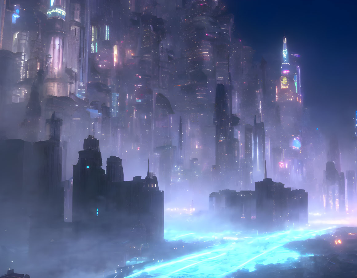 Futuristic cityscape at night: neon lights, skyscrapers, illuminated roads