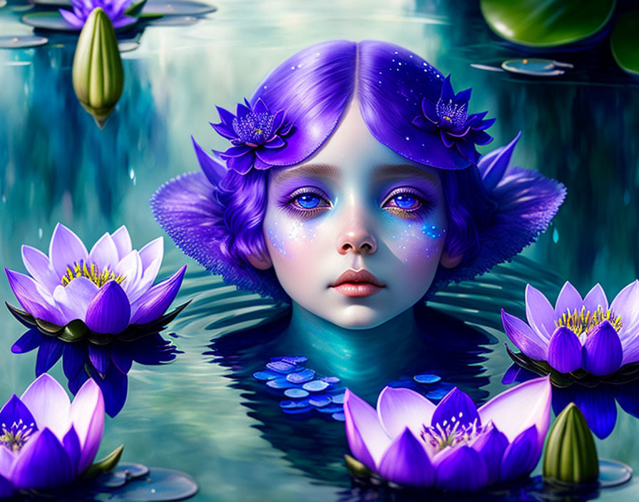 Figure with Purple Hair and Flowers Emerging from Water