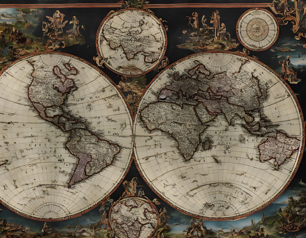 Vintage World Map with Four Hemispheres and Decorative Border Illustrations