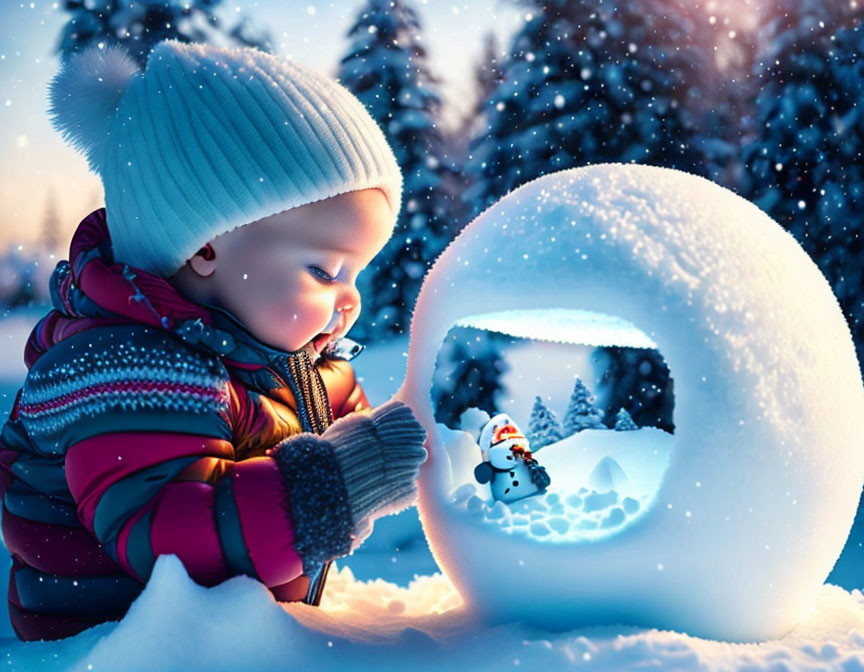 Child in winter attire with miniature snowman in snow globe on snowy background