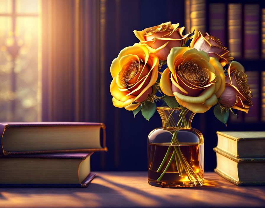 Golden Roses in Glass Vase with Books on Table in Warm Sunlight