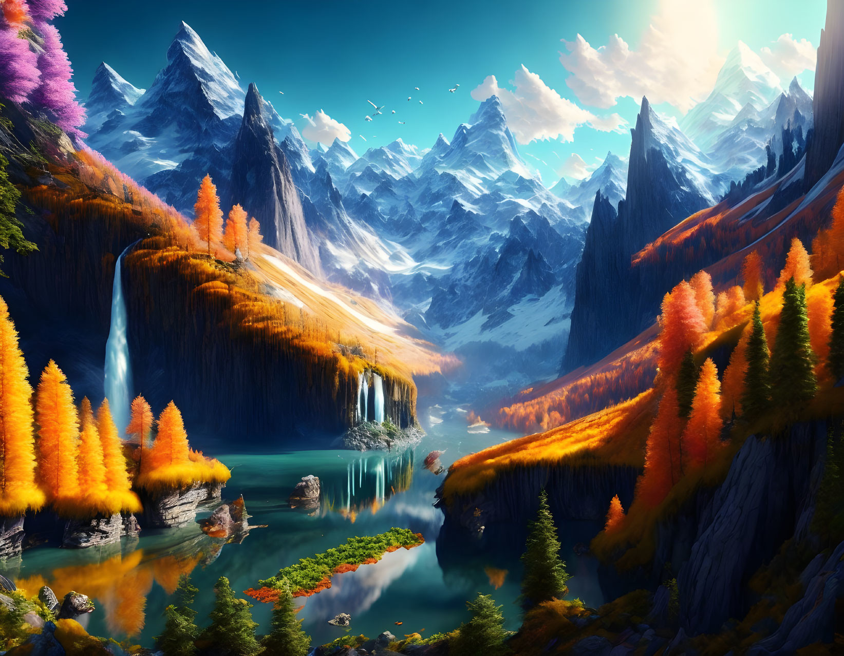 Autumn landscape with mountains, lake, waterfalls & islands