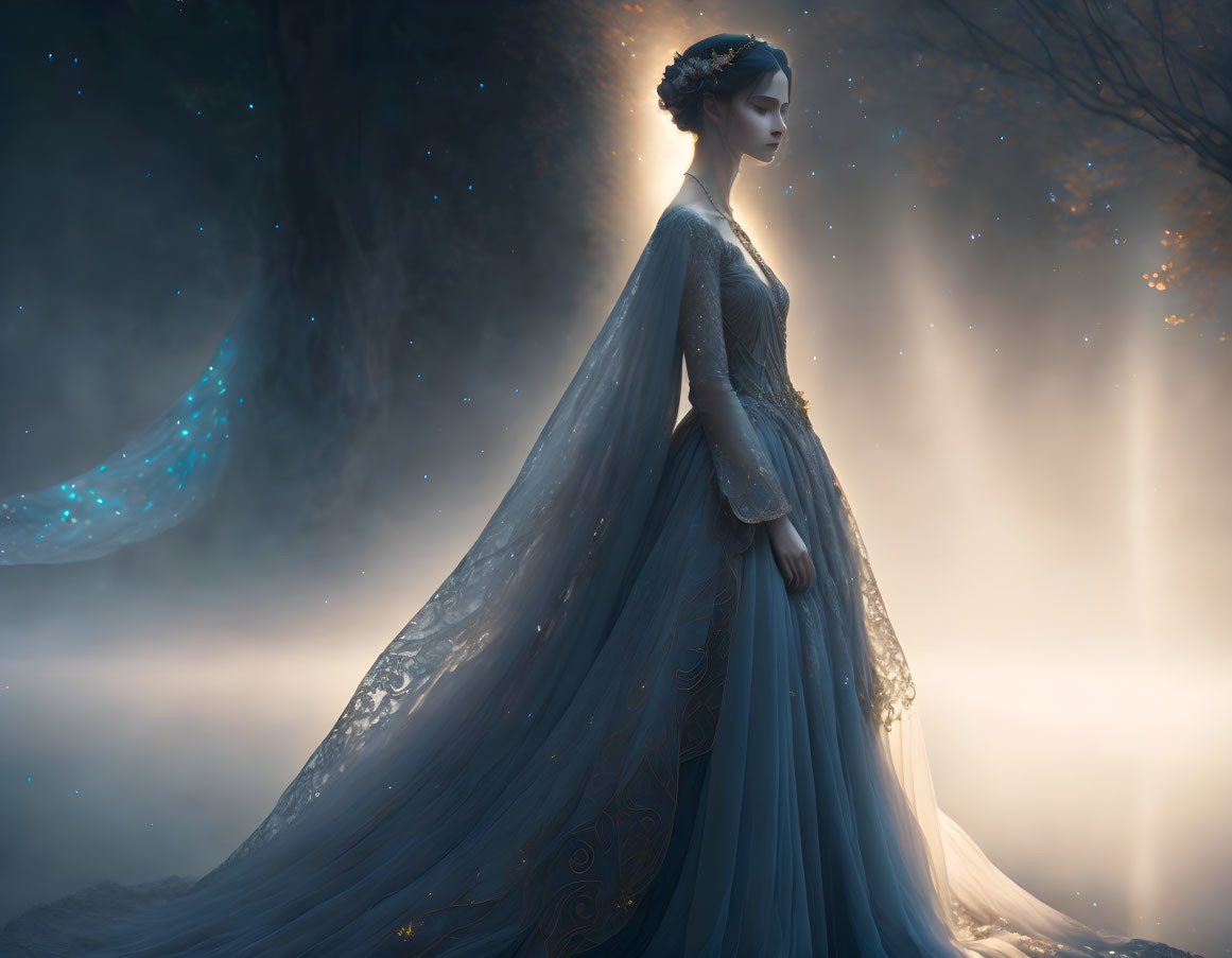 Woman in flowing blue gown radiates ethereal presence in mystical forest