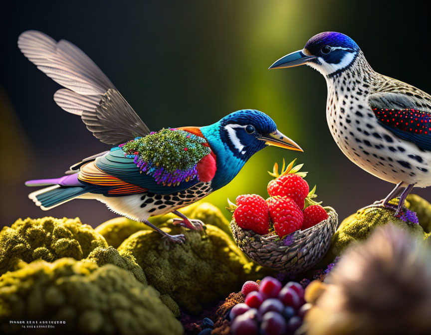 Colorful Birds with Intricate Patterns Next to Nest on Mossy Surface