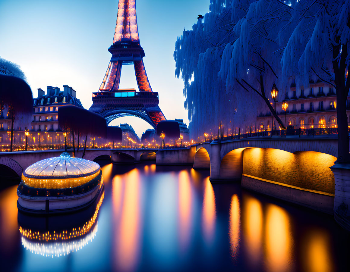 Eiffel Tower Twilight Scene with Seine River Reflections