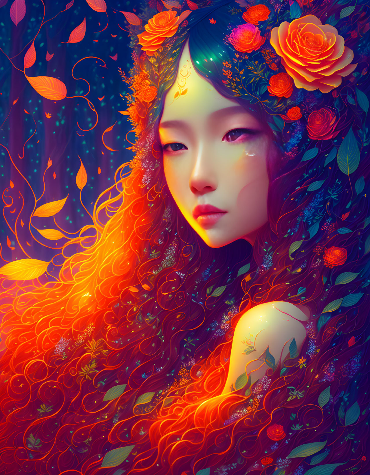 Vibrant digital artwork of woman with red hair and flowers in dreamlike scene