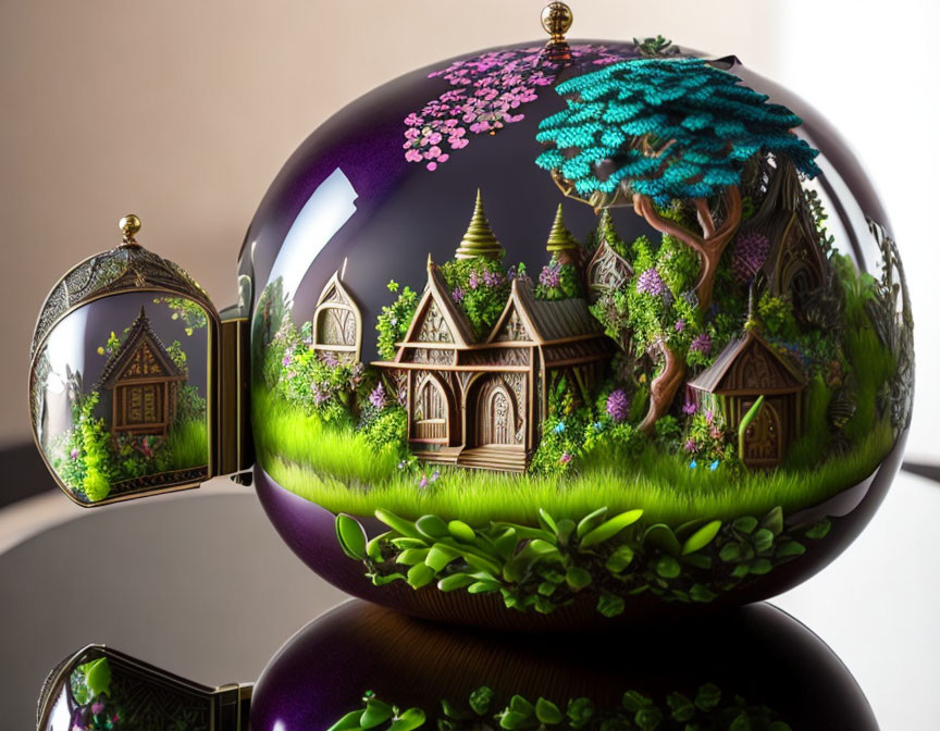 Detailed Miniature Fantasy Landscape Inside Ornate Spherical Object