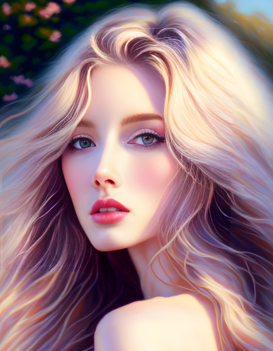 Blond Woman Portrait with Violet Eyes and Floral Background