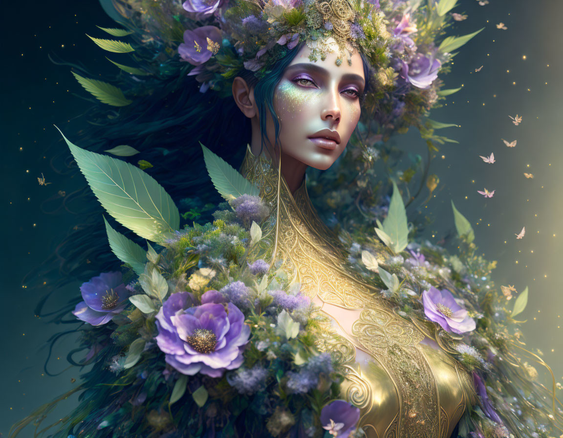 Mystical woman in floral crown and gold attire with foliage and butterflies.