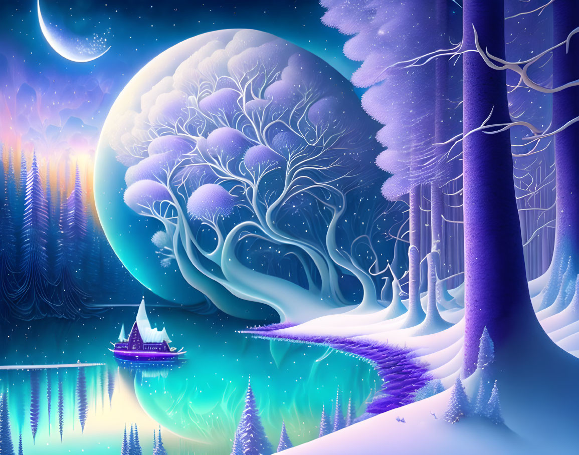 Nighttime fantasy landscape with glowing moon, illuminated boat, purple trees, and starry sky