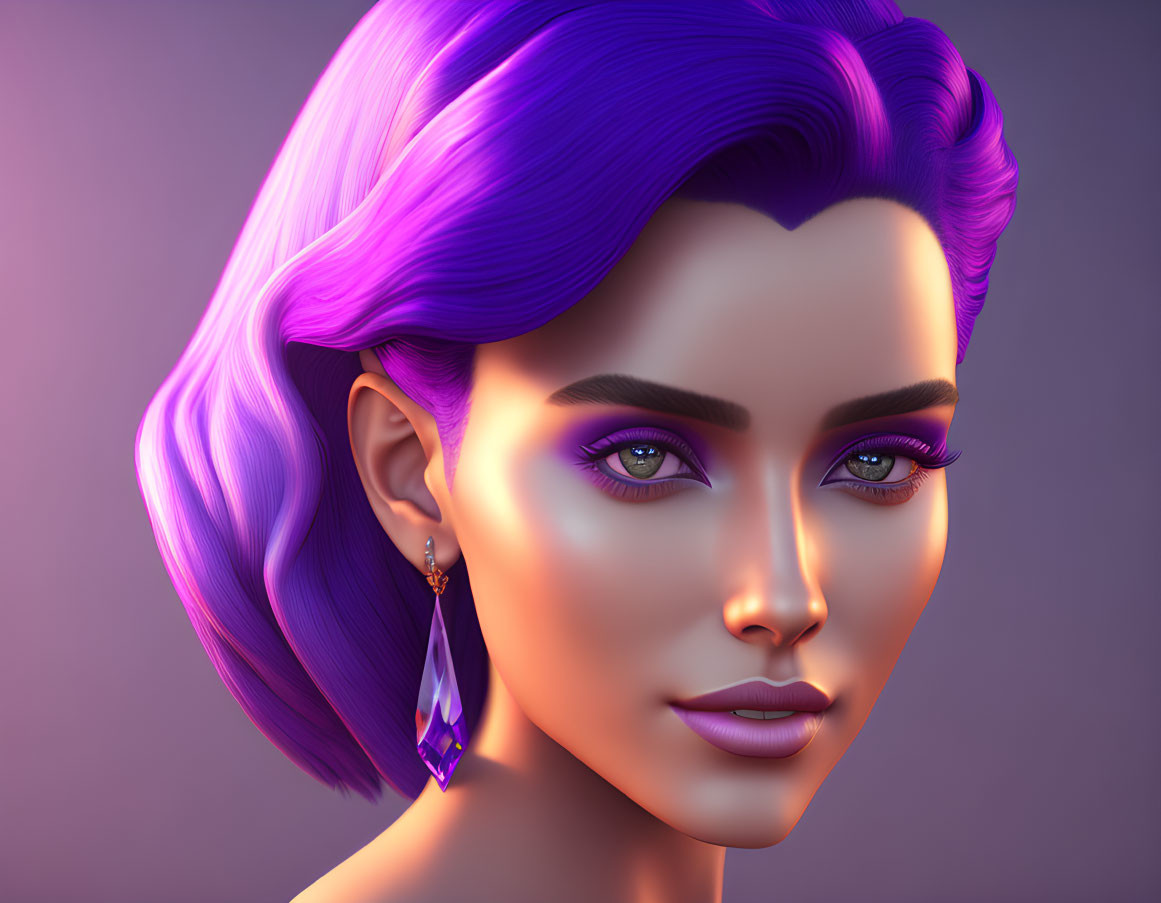 Vibrant Purple Hair Woman 3D Illustration