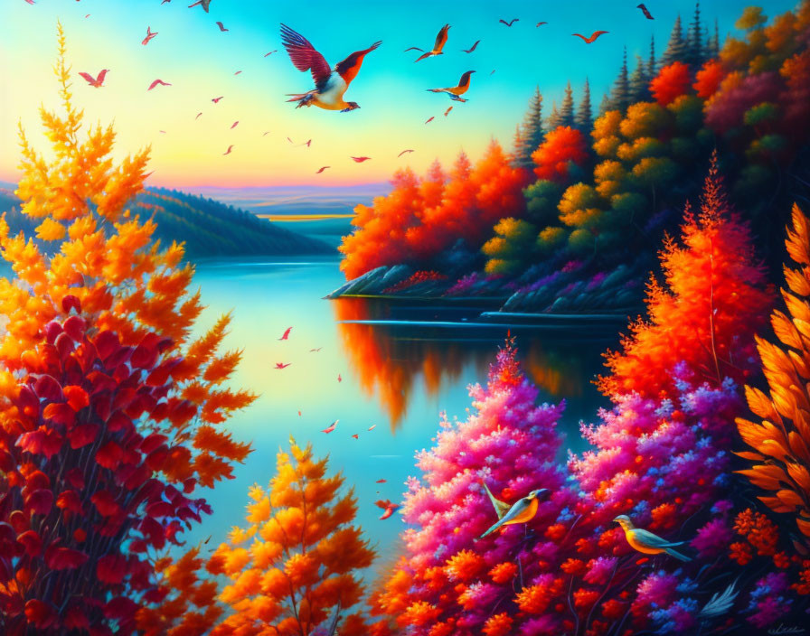 Colorful Autumn Landscape with Birds Flying over Lake at Sunset