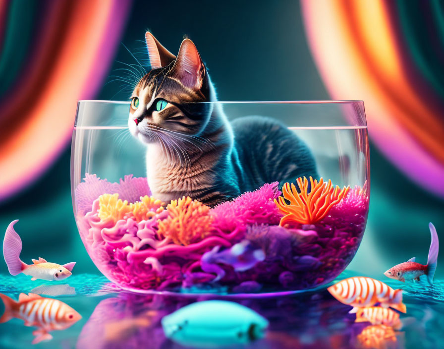 Cat in clear bowl with colorful coral & fish against neon backdrop