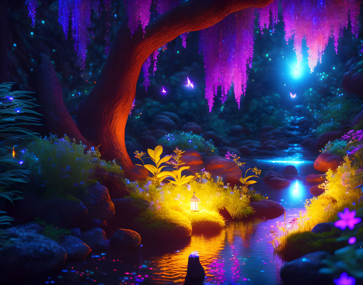 Enchanted forest with glowing stream, lanterns, purple blossoms, rocks, and lush green