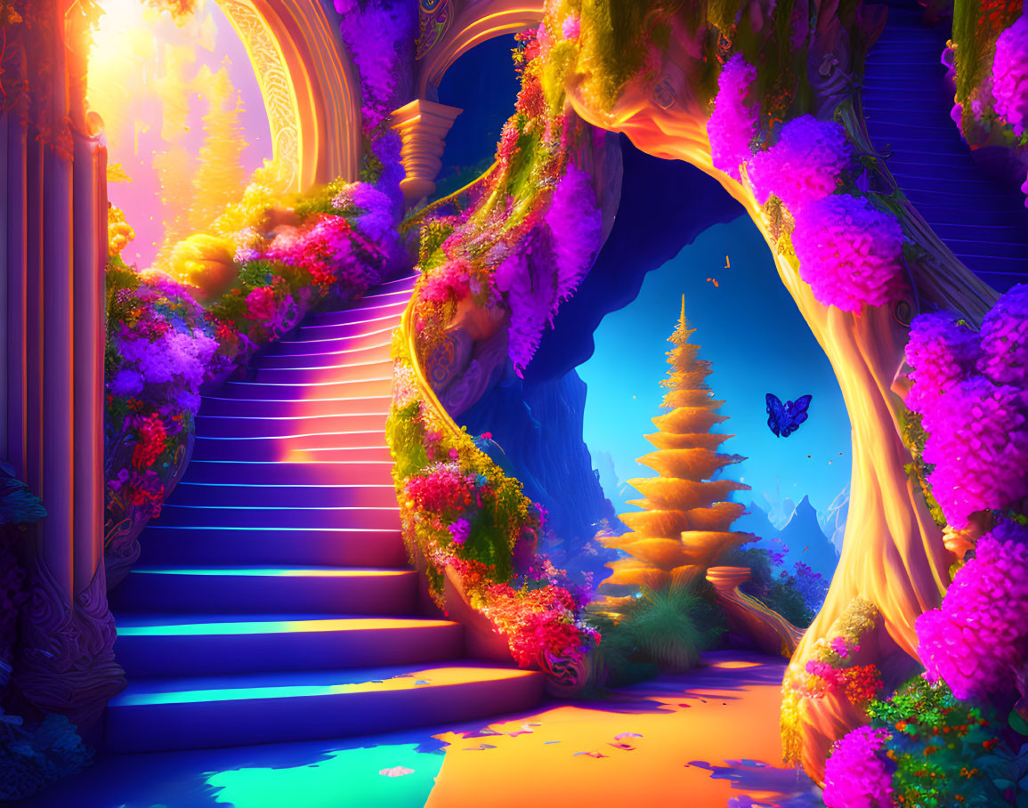 Fantasy landscape with ornate staircase and flowering trees leading to mystical tower