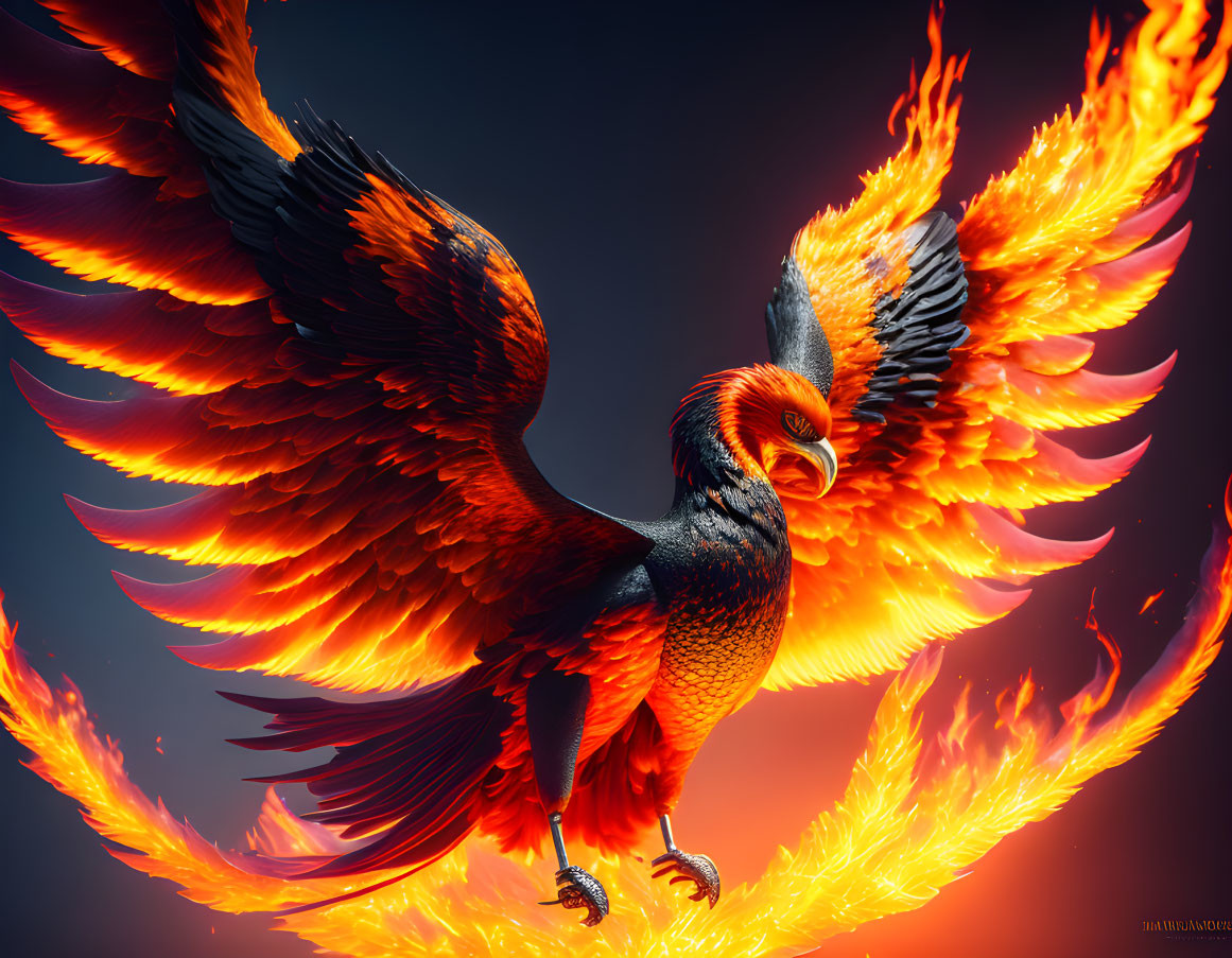 Colorful Phoenix Artwork Flying Amid Flames on Dark Background