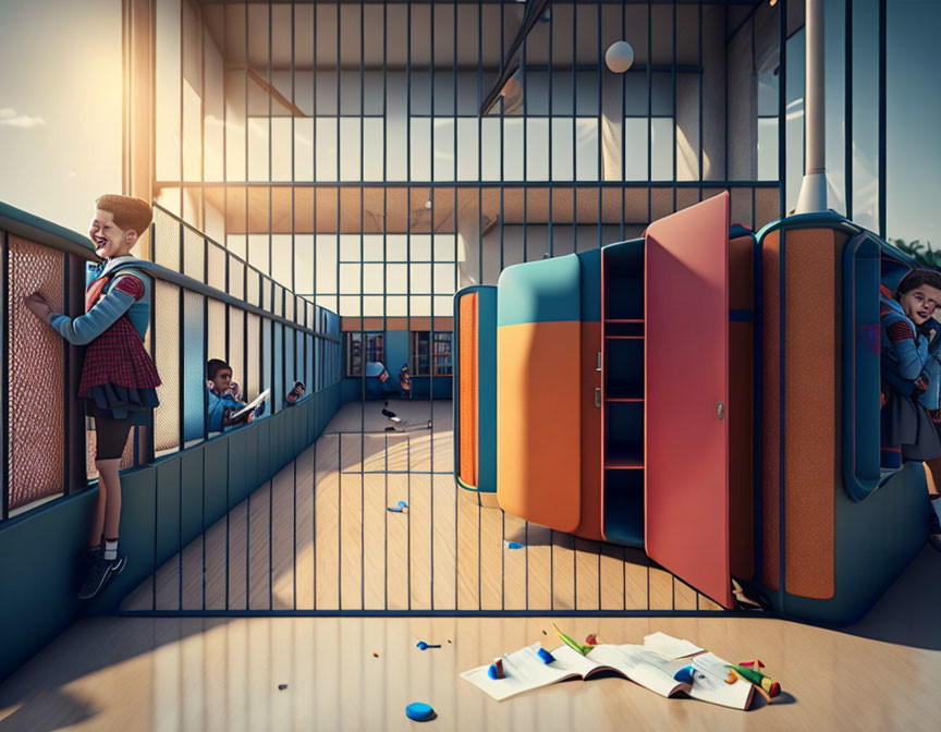 Colorful school hallway with children playing hide and seek at golden hour