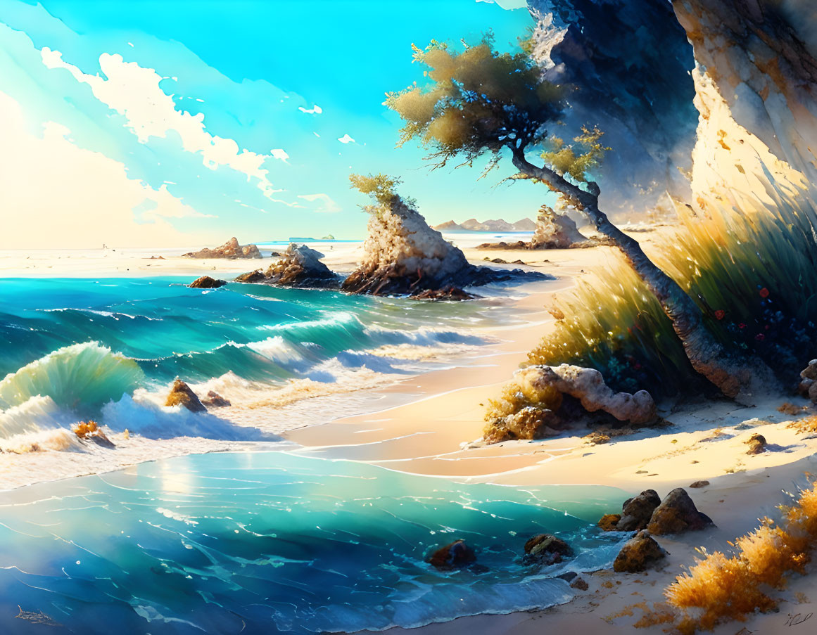 Scenic beach view with clear waters, crashing waves, rocky outcrop, weathered tree, sunny