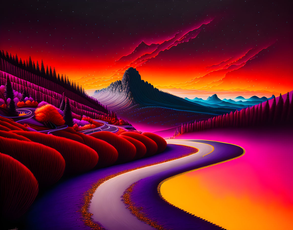 Surreal digital artwork: winding road, undulating hills, unique trees, reddish sky.