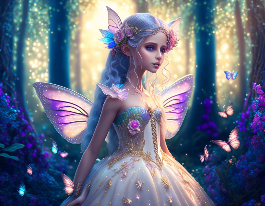 Digital art: Fairy with elfin ears, iridescent wings, and floral crown in magical forest