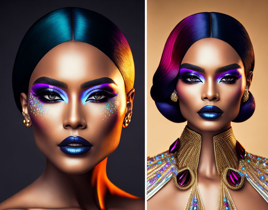 Vibrant makeup and jewelry on women in side-by-side portraits