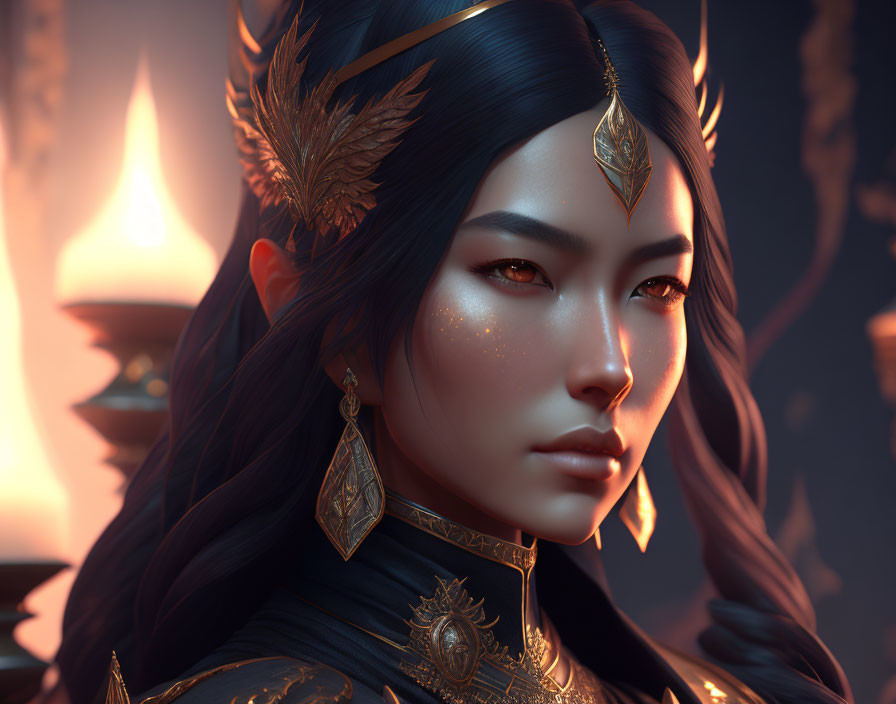 Detailed digital portrait of woman in golden headpiece, glowing makeup, ornate armor.