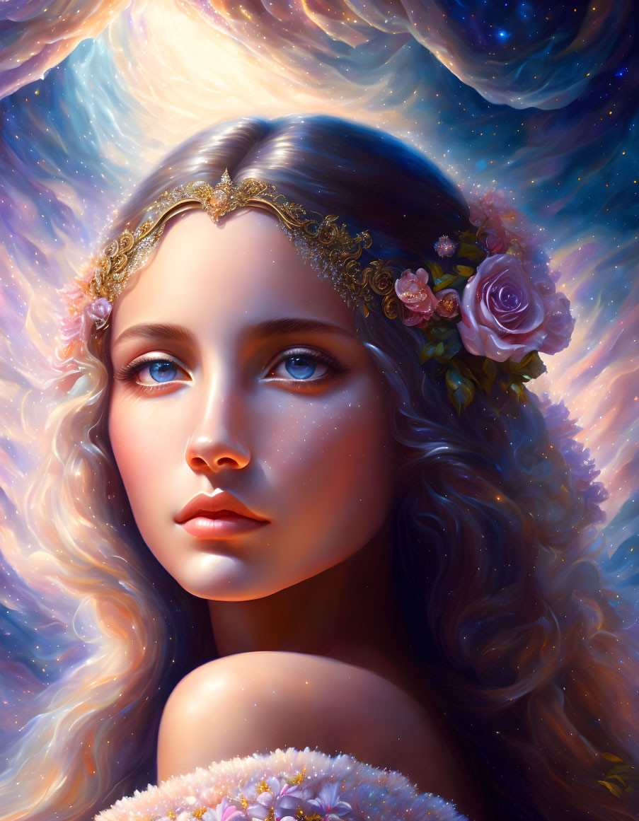 Blonde woman portrait with floral headpiece on cosmic background