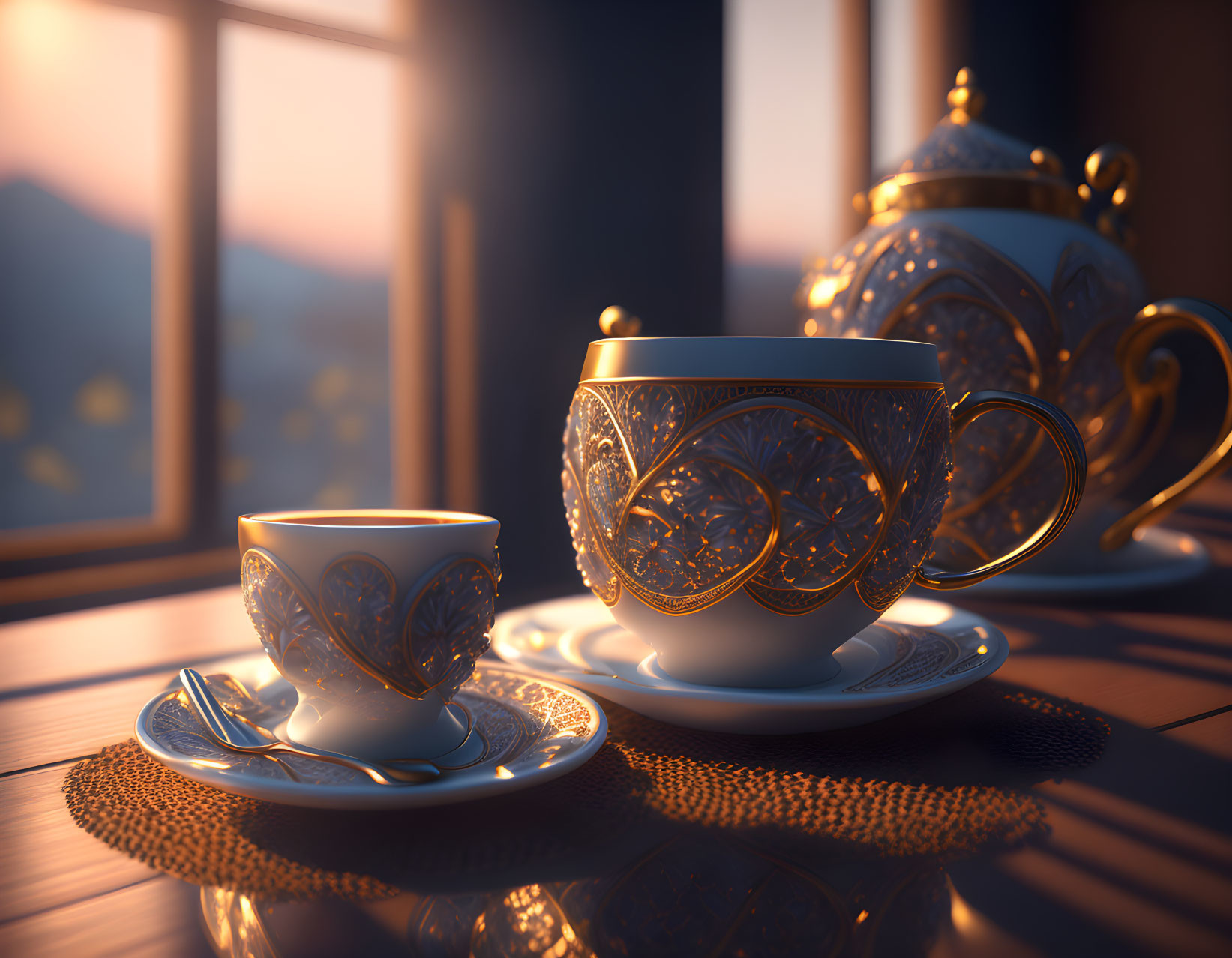 Ornate patterned tea set on wooden table with sunlight casting warm hues