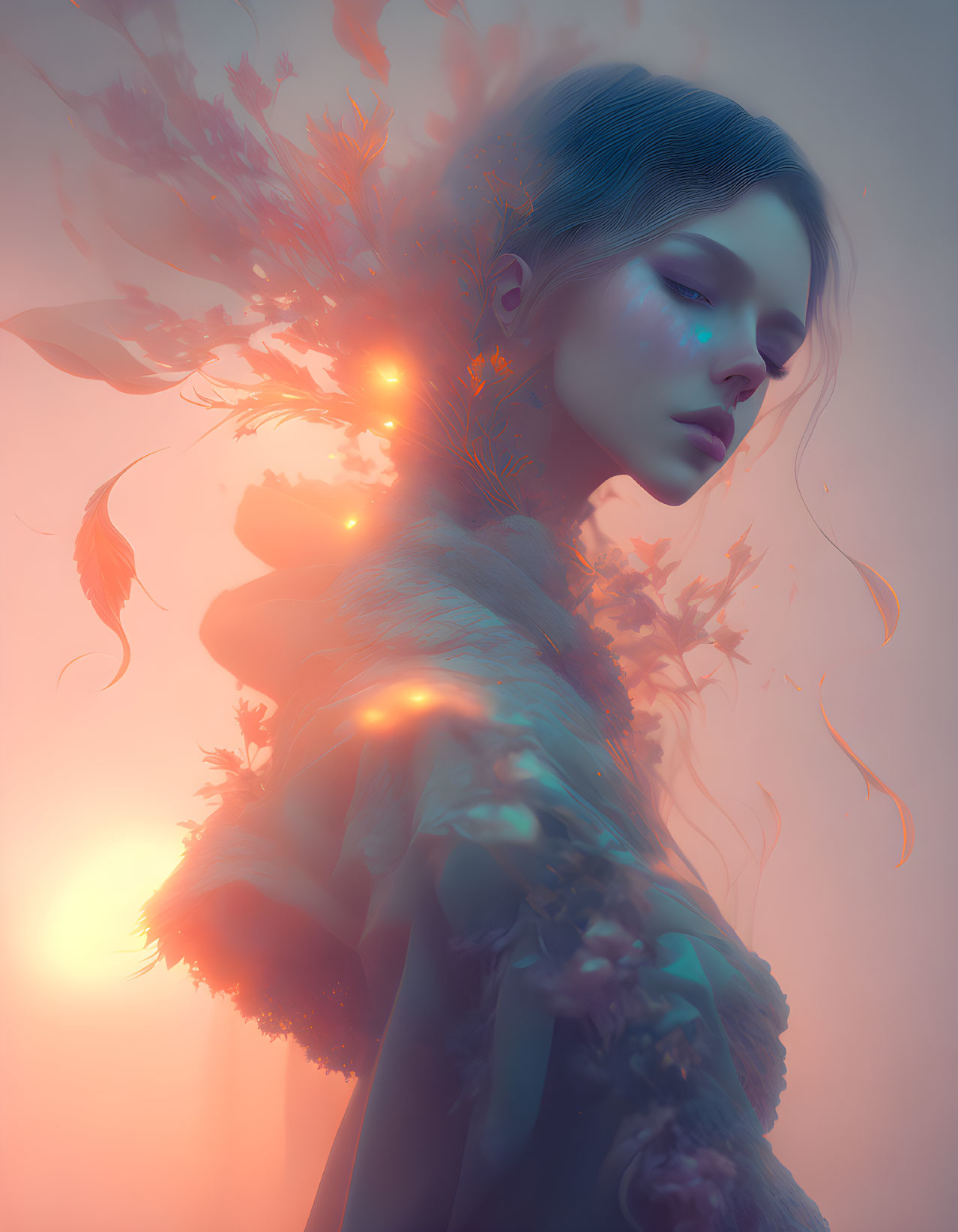 Ethereal woman portrait with feathers and light effects