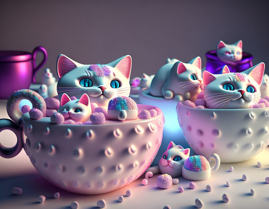 Colorful 3D Cat-Shaped Sweets in Polka-Dotted Cups